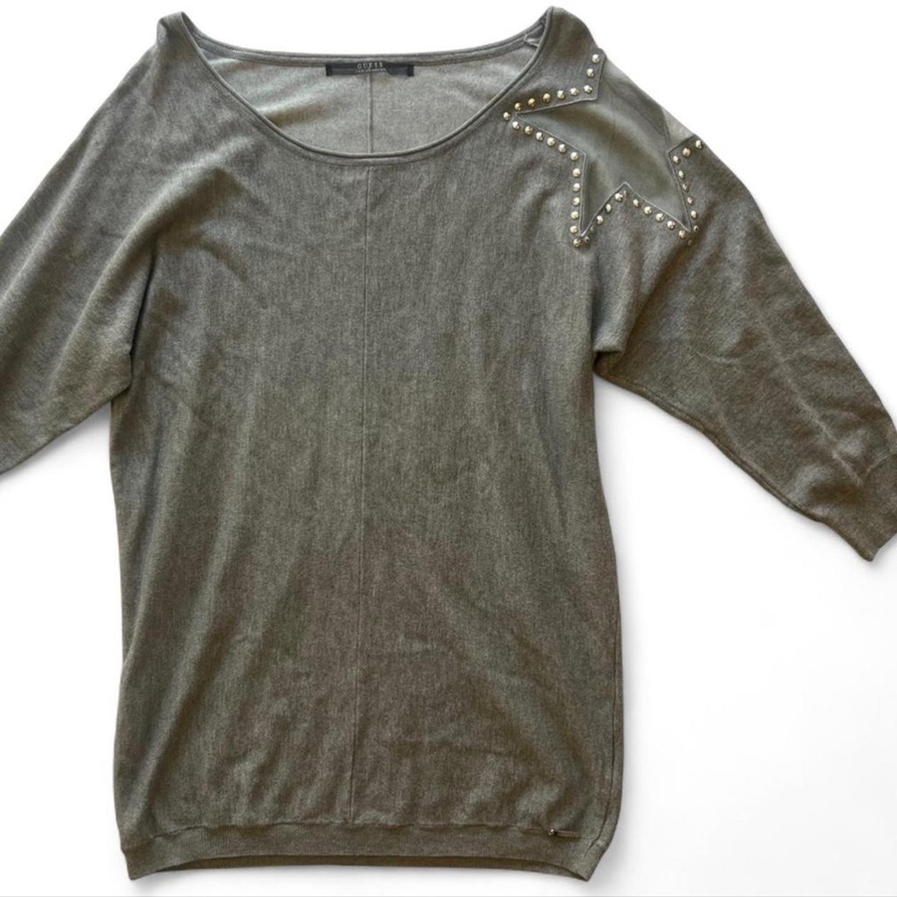 Guess Grey Sweater with Studded Shoulder Rocker Glam with 3/4 Sleeve